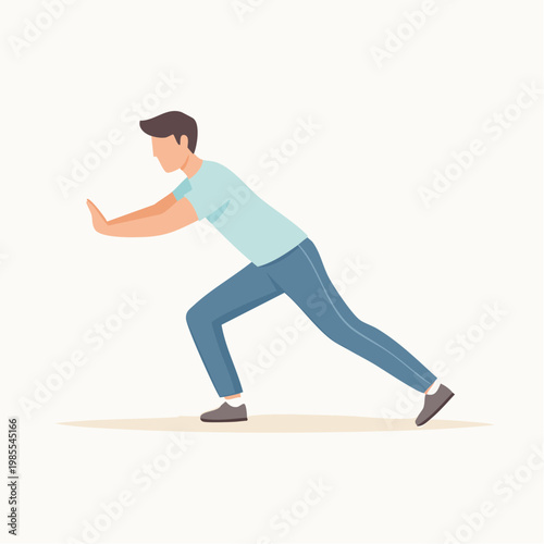 Young man pushing forward with determination and effort against a light background