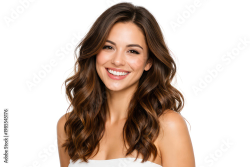 Smiling young woman portrait, brunette beauty with long wavy hair, natural makeup and glowing skin for skincare ads isolated on Transparent Background