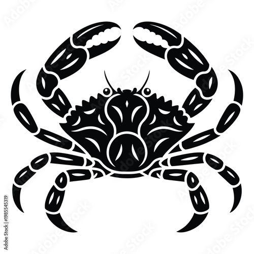 Detailed black and white illustration of a crab with a symmetrical design a striking silhouette