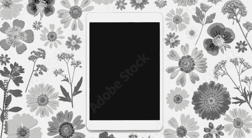 White tablet device surrounded by daisies and wildflowers in a botanical flat lay design set against a clean white backdrop