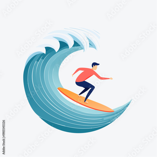 Surfer riding a large wave, illustration of extreme sports and ocean adventure