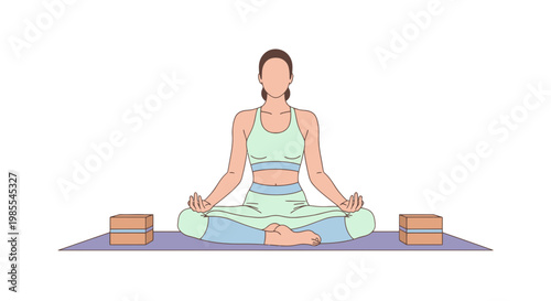 Woman in lotus position sits on yoga mat with blocks; serene meditation pose mindfulness illustration light green athletic wear