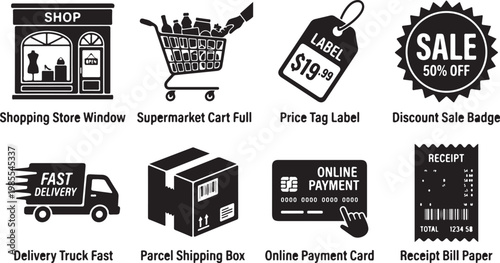 E-commerce icons, shopping vector graphics, retail symbols, business illustrations