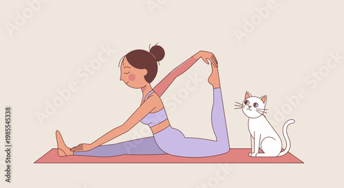 Woman in yoga pose with cat illustration cartoon style on pink mat balance and flexibility light skin active lifestyle