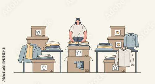 Woman sorting donated clothing into cardboard boxes for charity in a flat vector illustration style on a neutral background