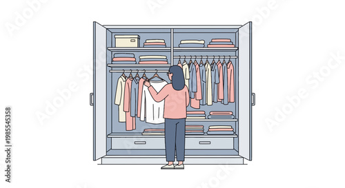 Woman looking into a closet full of clothes choosing an outfit with neatly arranged stacks and hanging garments in pastel colors