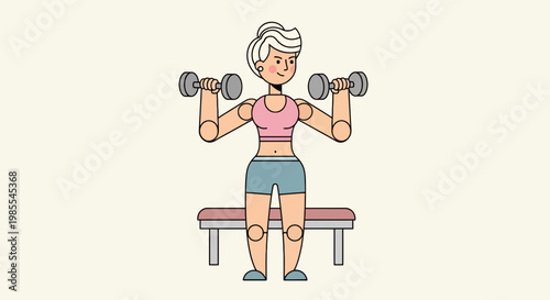 Blond woman on bench lifting dumbbells with a healthy lifestyle in cartoon style against a bright background
