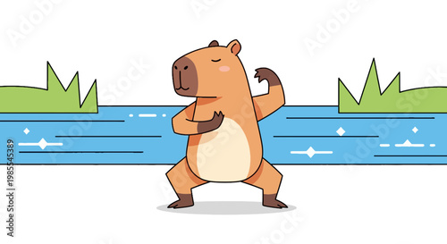 Cartoon capybara doing tai chi by the water; cute cartoon illustration of a brown capybara animal performing relaxing tai chi exercise in nature