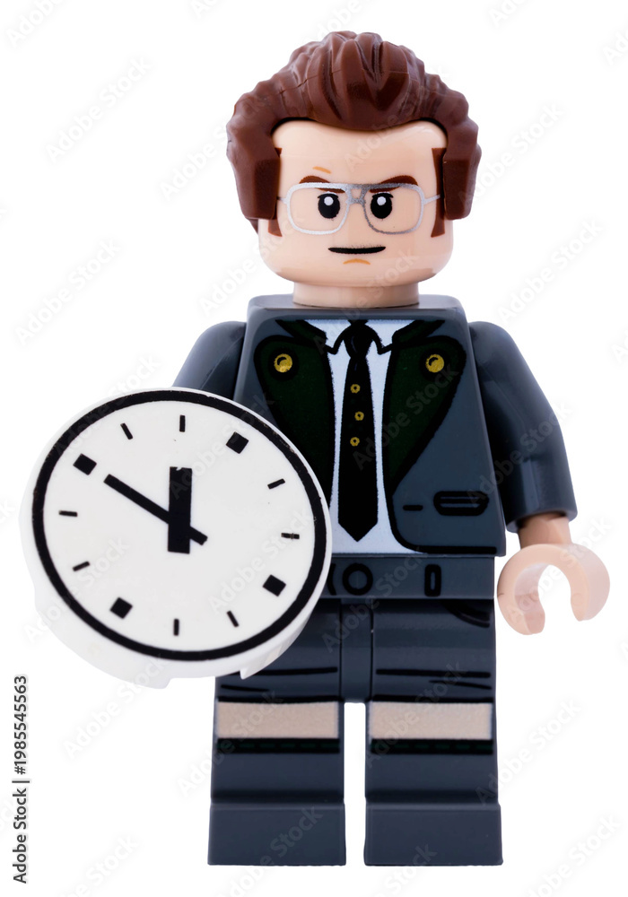 Fototapeta premium Dortmund - Deutschland 15. April 2026 - Lego Minifigur Mann mit einer Uhr in der Hand