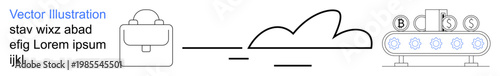 Cloud computing, automation, tech infrastructure, data transfer, machine learning, modern business. Minimalist line art showing a cloud, a bag and a conveyor belt with symbols. Cloud computing
