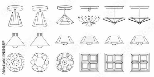 Line drawing collection of various chandeliers and ceiling light fixtures