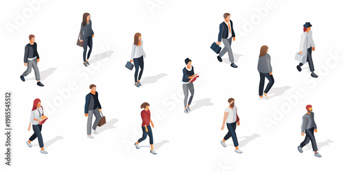 Isometric illustration depicting a diverse group of people walking together