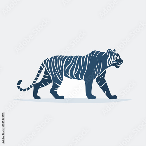 Graphic illustration of a blue tiger walking against a light grey background, animalistic design