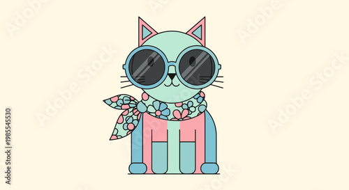 Cute cartoon cat wearing sunglasses and a floral scarf with a pastel color palette in a quirky design style