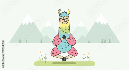 Cute cartoon llama meditating in a yoga lotus pose against a mountain backdrop pastel colors vector illustration whimsical design