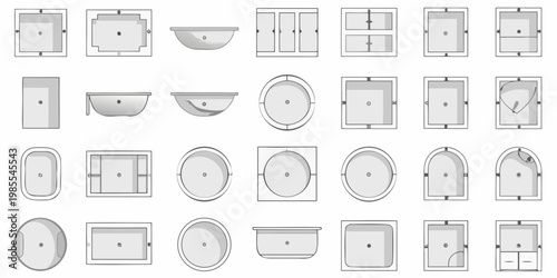 Top down view of various bathroom fixtures and tub arrangements