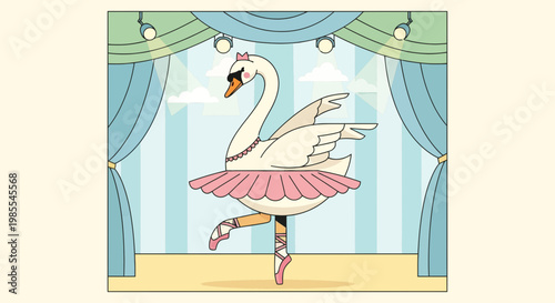 Elegant swan ballerina performing on stage in a pink tutu with theatrical lighting cartoon illustration for children's story performing art