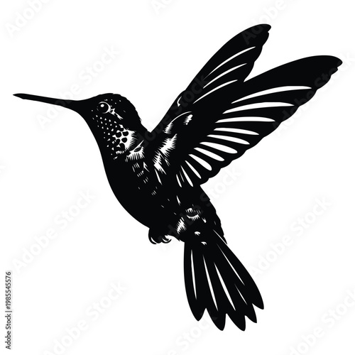 A detailed depiction of a hummingbird in flight showcasing its delicate features silhouette