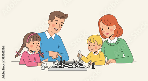Family cheerfully playing chess game together at home in cartoon style vector illustration featuring parent and child bonding activity