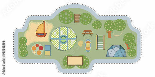 Aerial view of a colorful park with playground and recreational elements