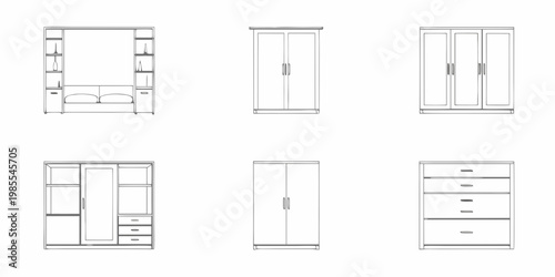 Line drawing of bedroom furniture including beds wardrobes and chests