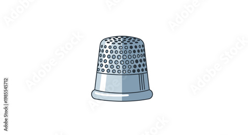 Gray cartoon thimble with dimpled top on white background; metal sewing finger protector tool for stitching and needlework; design element