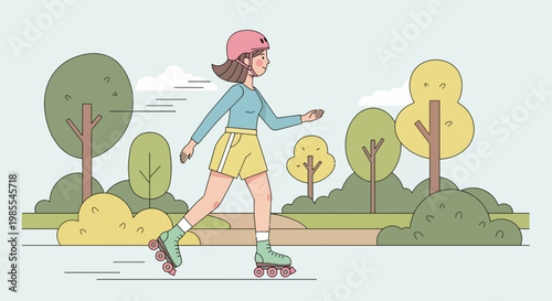 Girl on roller skates in park illustration with trees and light green sky background in cartoon style for sports and recreation