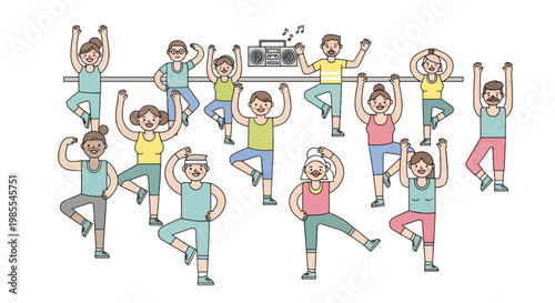 Group of smiling senior people in sportswear doing aerobics dance class together with boombox music cartoon vector illustration