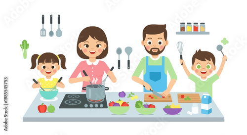 Happy family cooking together in kitchen vector illustration; parents and kids preparing food cutting vegetables and stirring pot on stove
