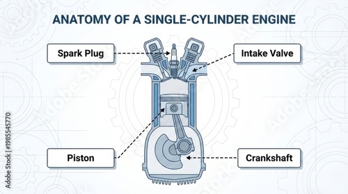 Technical diagram of a single-cylinder internal combustion engine anatomy showing spark plug and piston