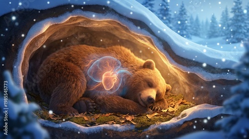 Cozy brown bear hibernating in a snow covered den representing winter survival and peaceful rest