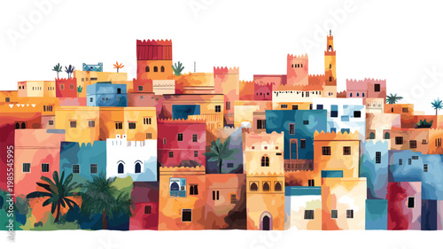 Fes el-Bali. Fes el-Bali hand drawn watercolor illustration on white background