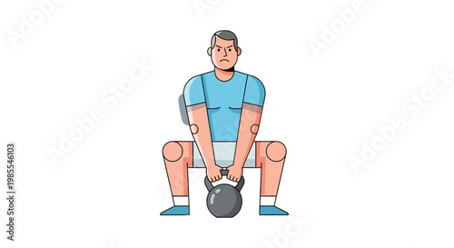Man doing kettlebell sumo squat exercise in cartoon vector style; fitness training for strength and healthy lifestyle on white