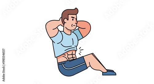 Man doing sit-ups with visible abs in cartoon style a fitness exercise illustration in blue tan and black outlines