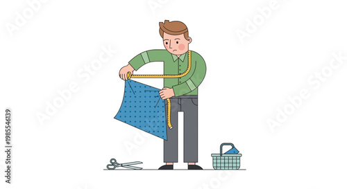 Man measures blue fabric with a measuring tape for tailoring clothes; vector illustration with clean lines on a white background