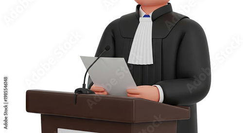 3D Cartoon Lawyer Speaking at a Podium with Microphone