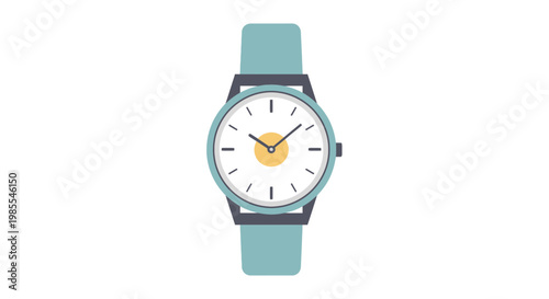 Minimalist wrist watch vector illustration with light blue strap and golden hands indicating time on a white face; isolated timekeeping graphic