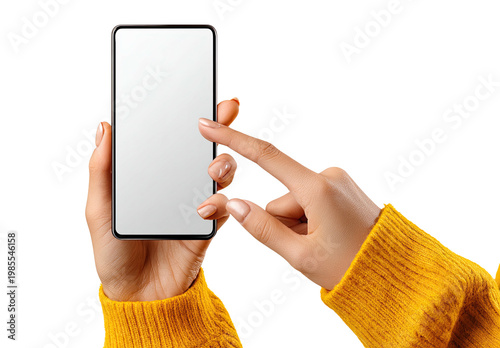 Person's hands holding up a smartphone with a blank screen, against a black background