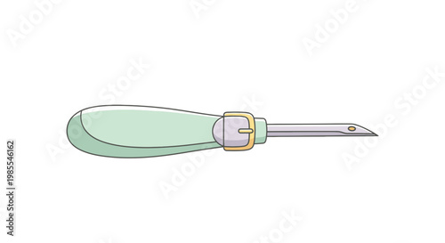 Mint green handled leather stitching awl tool with metal blade and golden buckle essential for leather crafting vector illustration