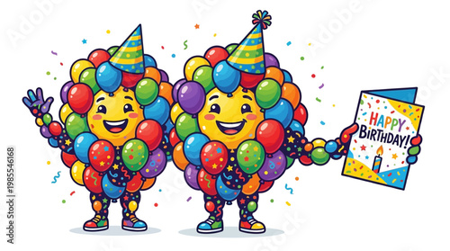Two Smiling Balloon Characters Celebrating Birthday.