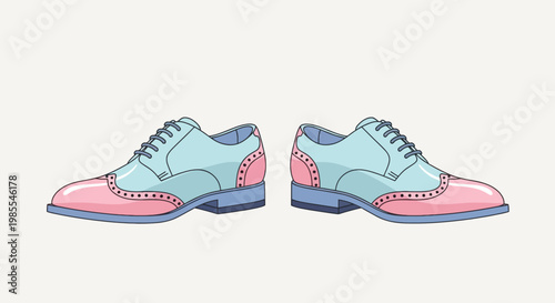 Pair of two-tone light blue and pink wingtip brogue dress shoes illustration on a plain background classic menswear fashion style
