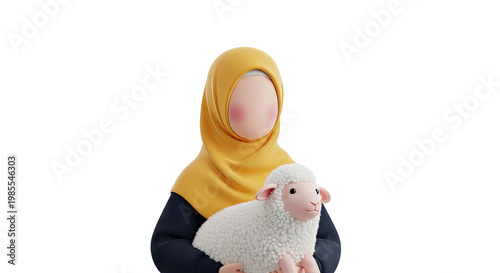 3D Muslim Woman in Hijab Holding a Sheep