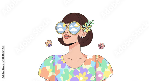 Retro girl with sunglasses reflecting a sky view wearing a floral dress against white backdrop in flat vector art style
