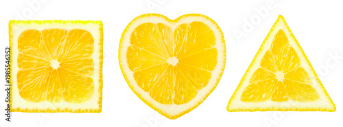 Heart lemon, square lemon, and triangle lemon slices set with fresh macro texture isolated on transparent  background