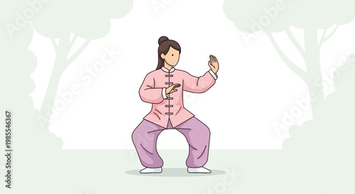 Serene woman practicing Tai Chi in a peaceful park setting performing a meditative exercise with gentle movements in a mindful cartoon style