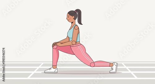 Side view of a sporty woman in a pink leggings doing a lunge on a gym floor in cartoon style exercising for fitness and flexibility