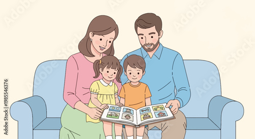 Smiling family sitting on a blue sofa looking at a photo album together in a colorful cartoon illustration; creating happy memories