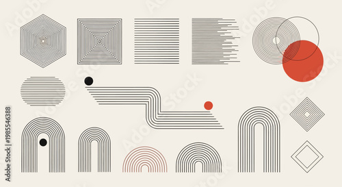 Mid-Century Modern Inspired Abstract Geometric Shapes and Line Art Elements Set for Creative Design, Featuring Circles, Arcs, and Cubes in a Minimalist Style