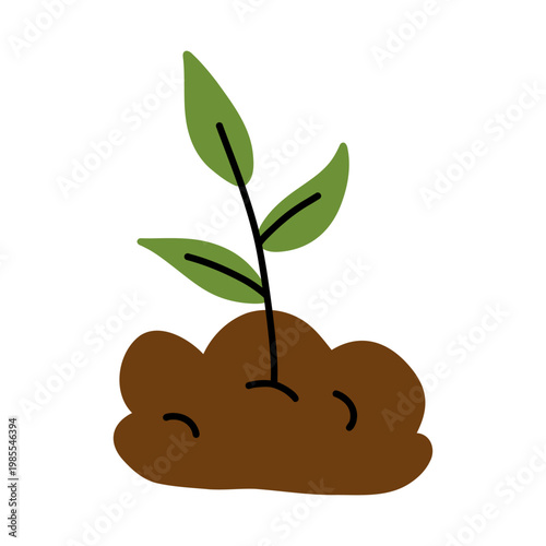 Vector illustration young plant sprout growing from brown soil in minimalist flat style, perfect for eco theme, growth concept and gardening icon. Farm and agriculture clipart.