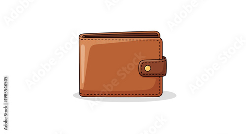 Brown leather wallet with button closure stitch detail and shadow in vector style illustration for financial and personal accessory needs